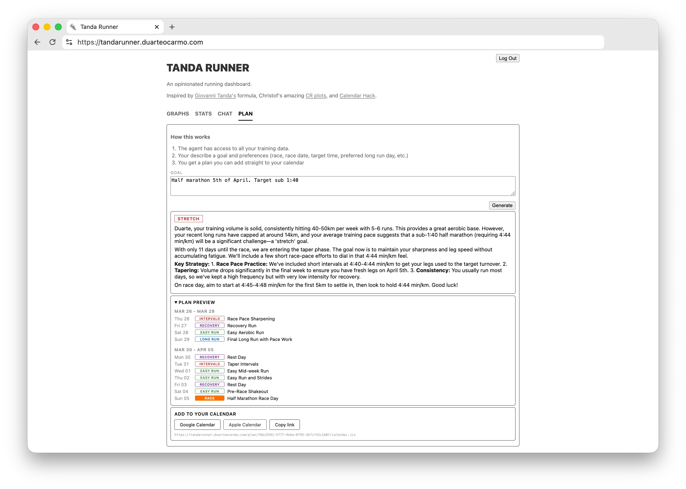 Tanda Runner calendar view
